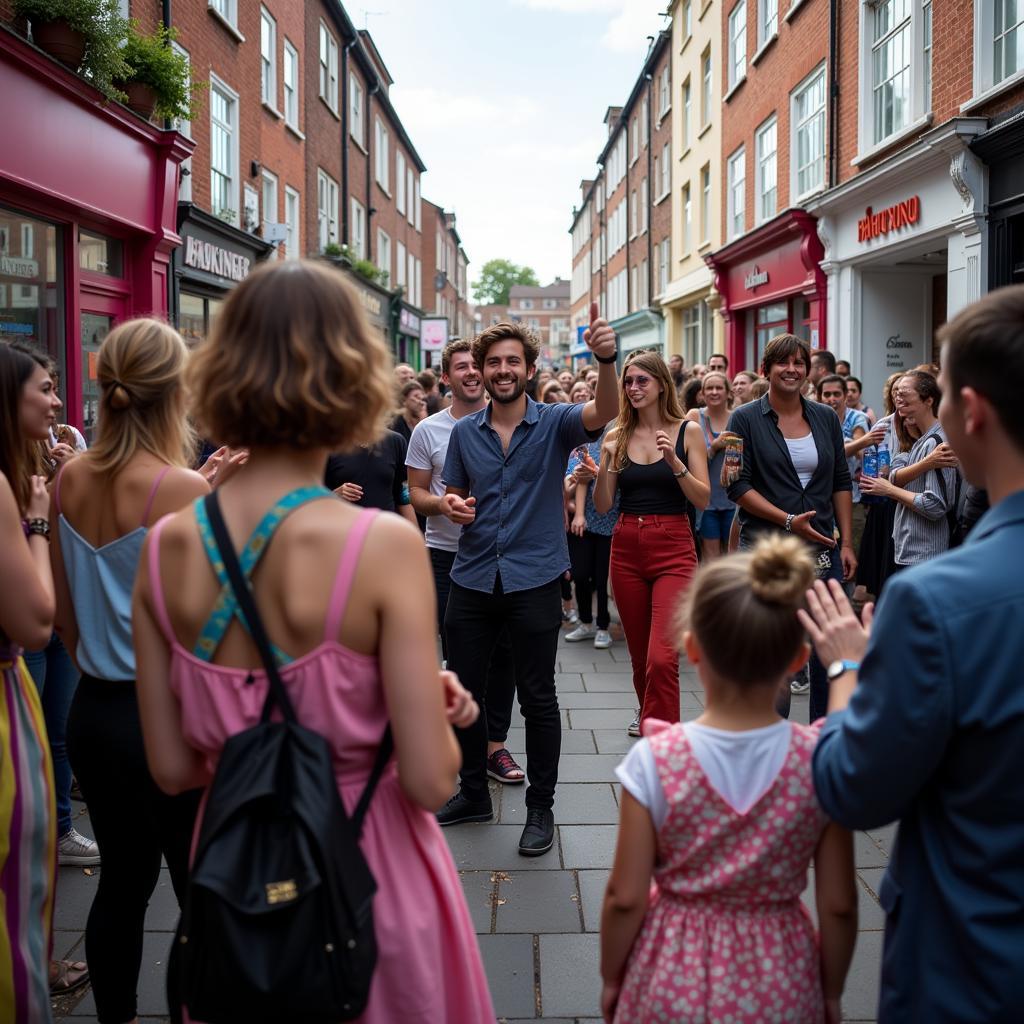 Street performers entertaining a crowd in Soho