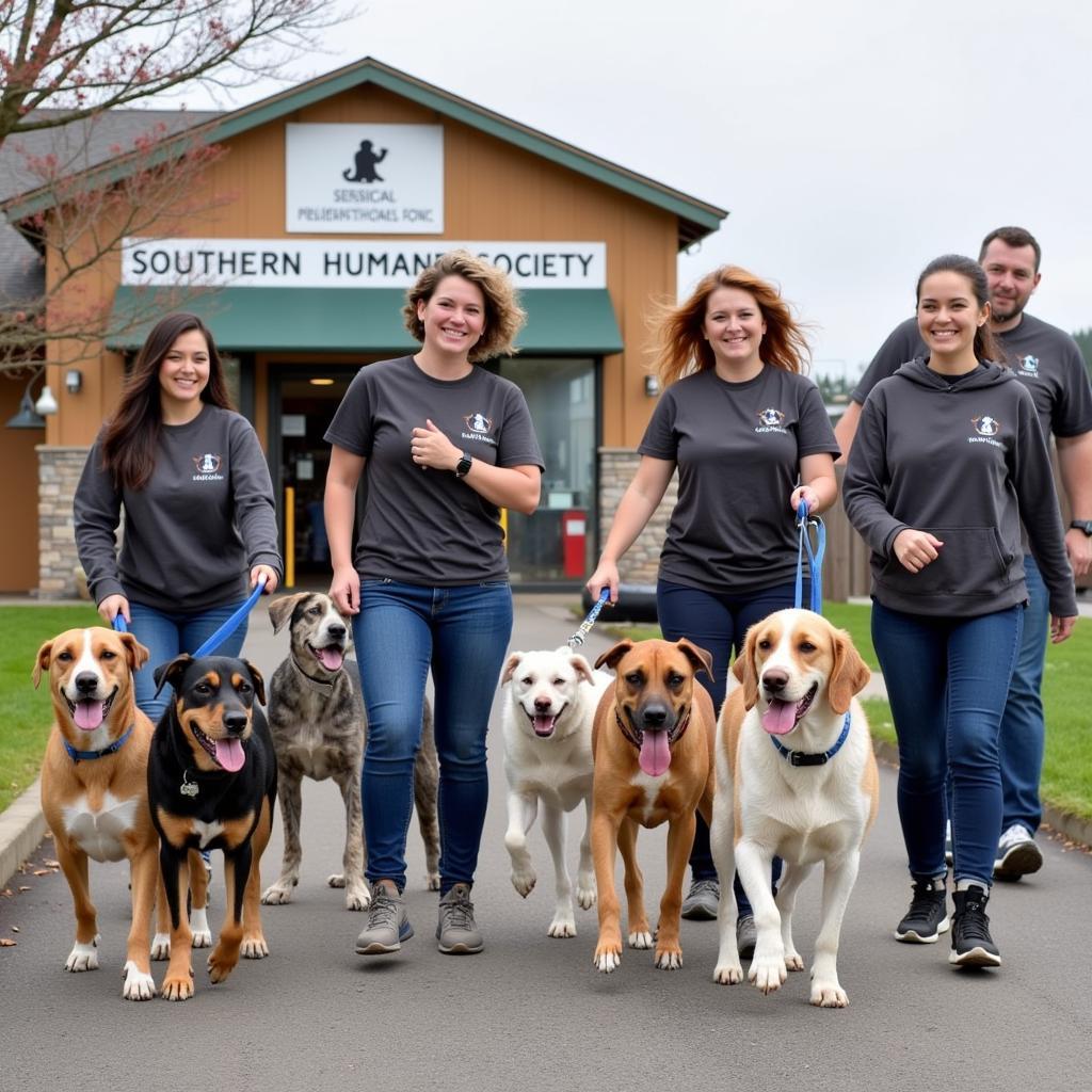 Volunteers walking dogs at the SOHS