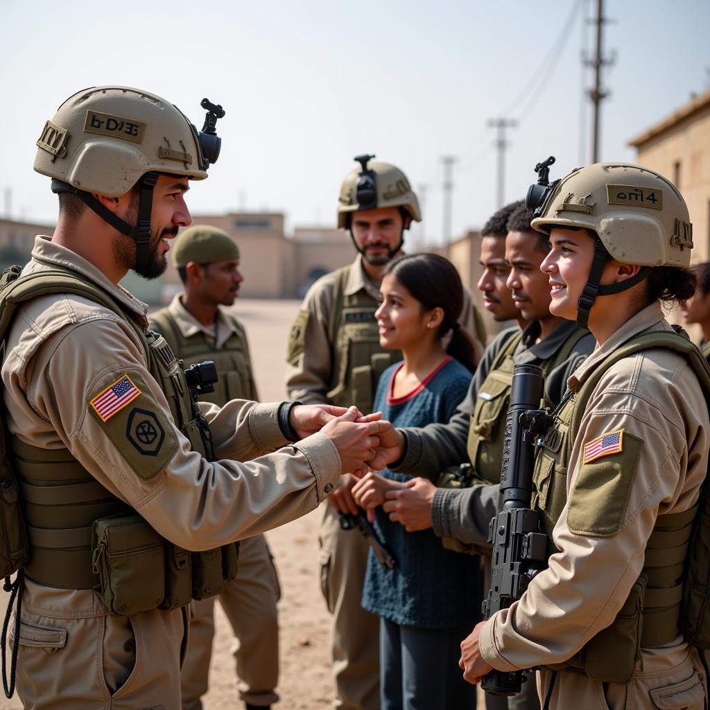 Soldiers interacting with civilians during a community outreach program