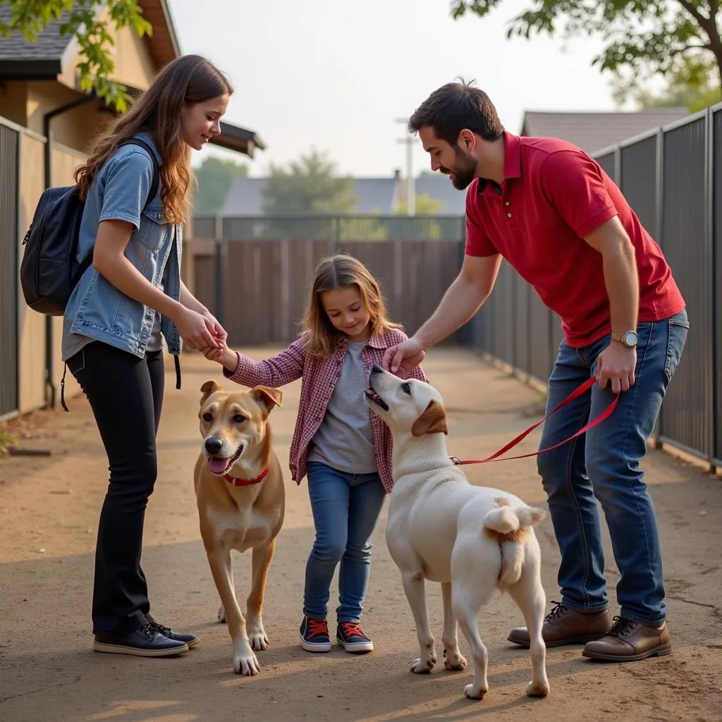 A volunteer helping a family interact with a dog available for adoption