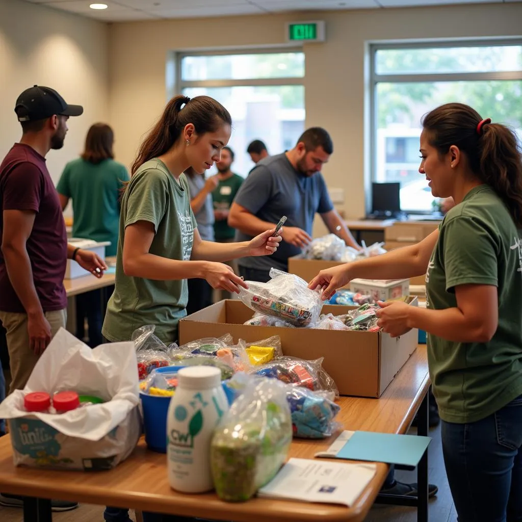 Volunteers organizing donated items during a donation drive at the Sonora Humane Society