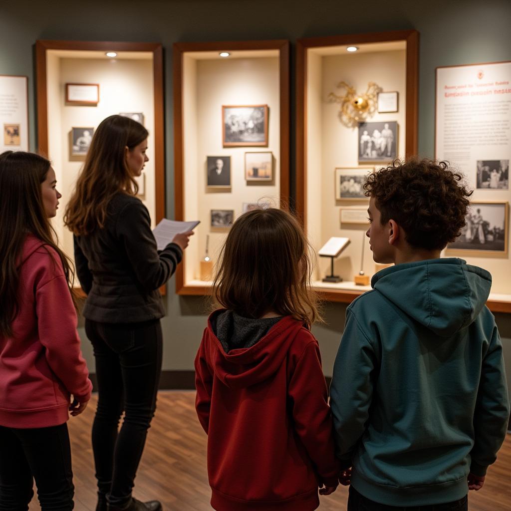 Visitors engaging with a historical exhibit at the Southbridge Historical Society