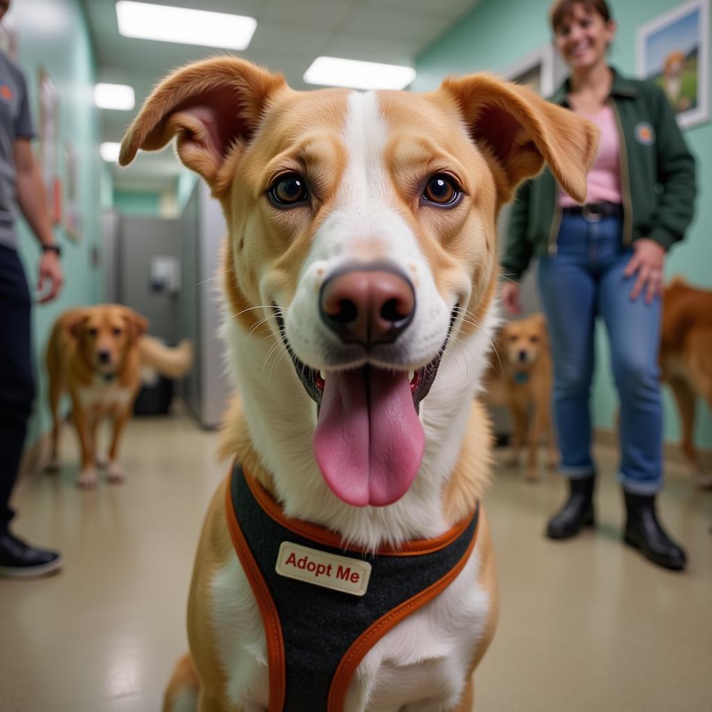 A happy dog at the Southwest Washington Humane Society awaits adoption