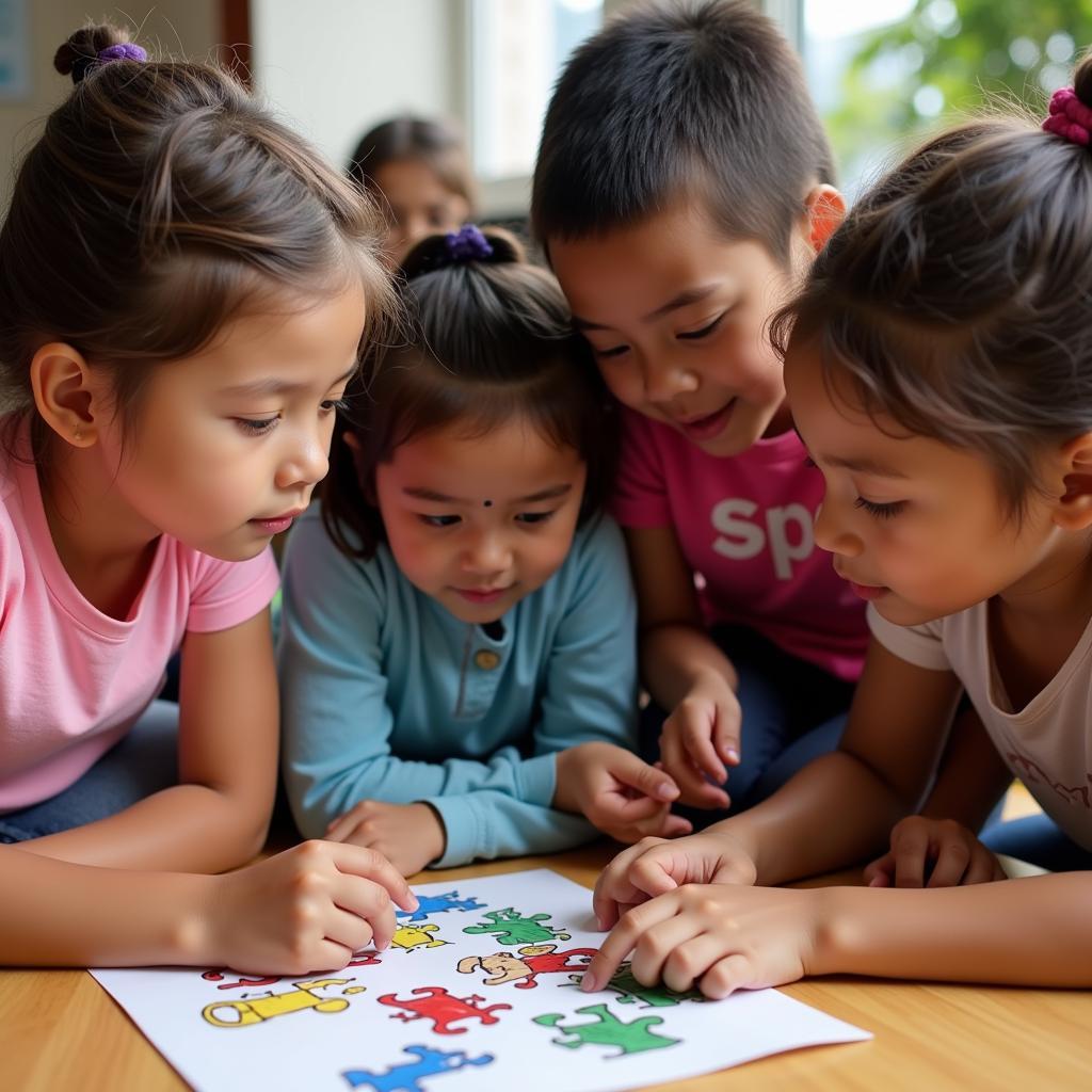 Children Concentrating on Spot the Difference Puzzle