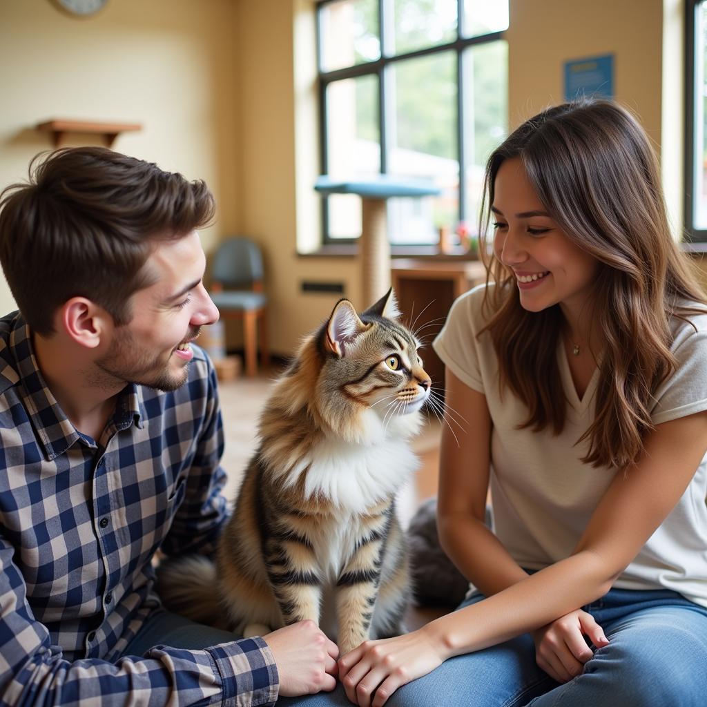  A family meeting a cat in a cozy adoption room at the St. Croix County Humane Society