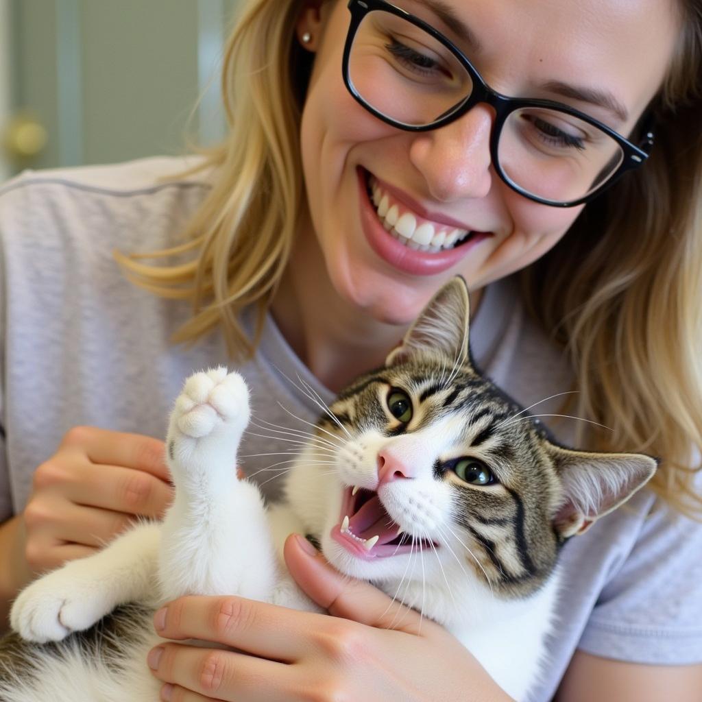 A volunteer gently pets a content cat at the St. George Humane Society.