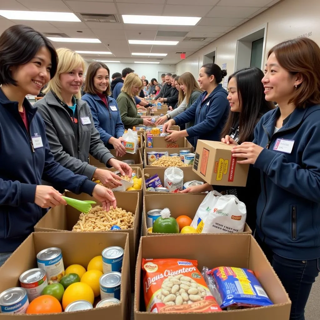 Community members donating canned goods and other non-perishable items at a St. Vincent de Paul food drive.