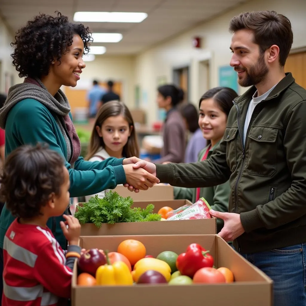 A family receiving a bag of groceries from a volunteer at a St. Vincent de Paul food pantry.