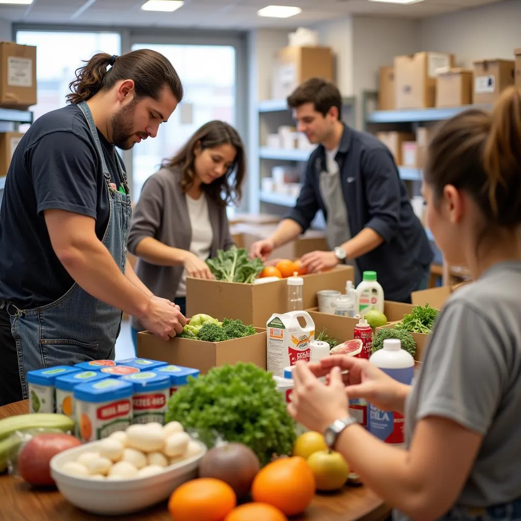 Volunteers sorting and packing food donations at a St. Vincent de Paul food pantry