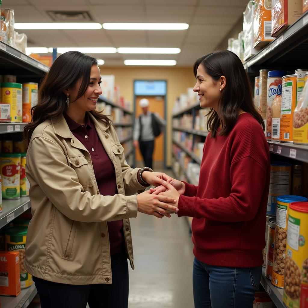 A compassionate volunteer at the St. Vincent de Paul Society in Stoughton, MA assists a family in selecting food items from the pantry.