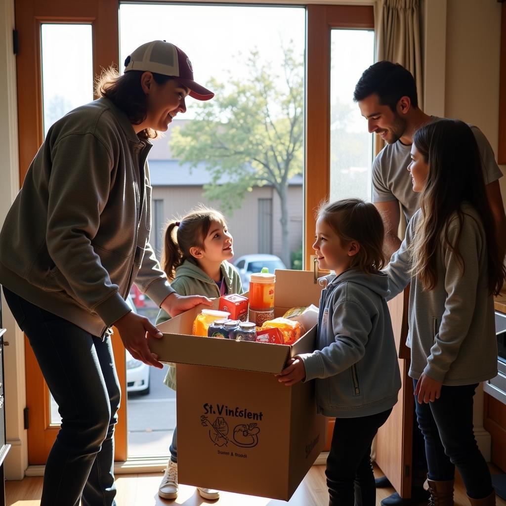 Volunteers from the St. Vincent de Paul Society provide food and household items to a family facing difficult times.