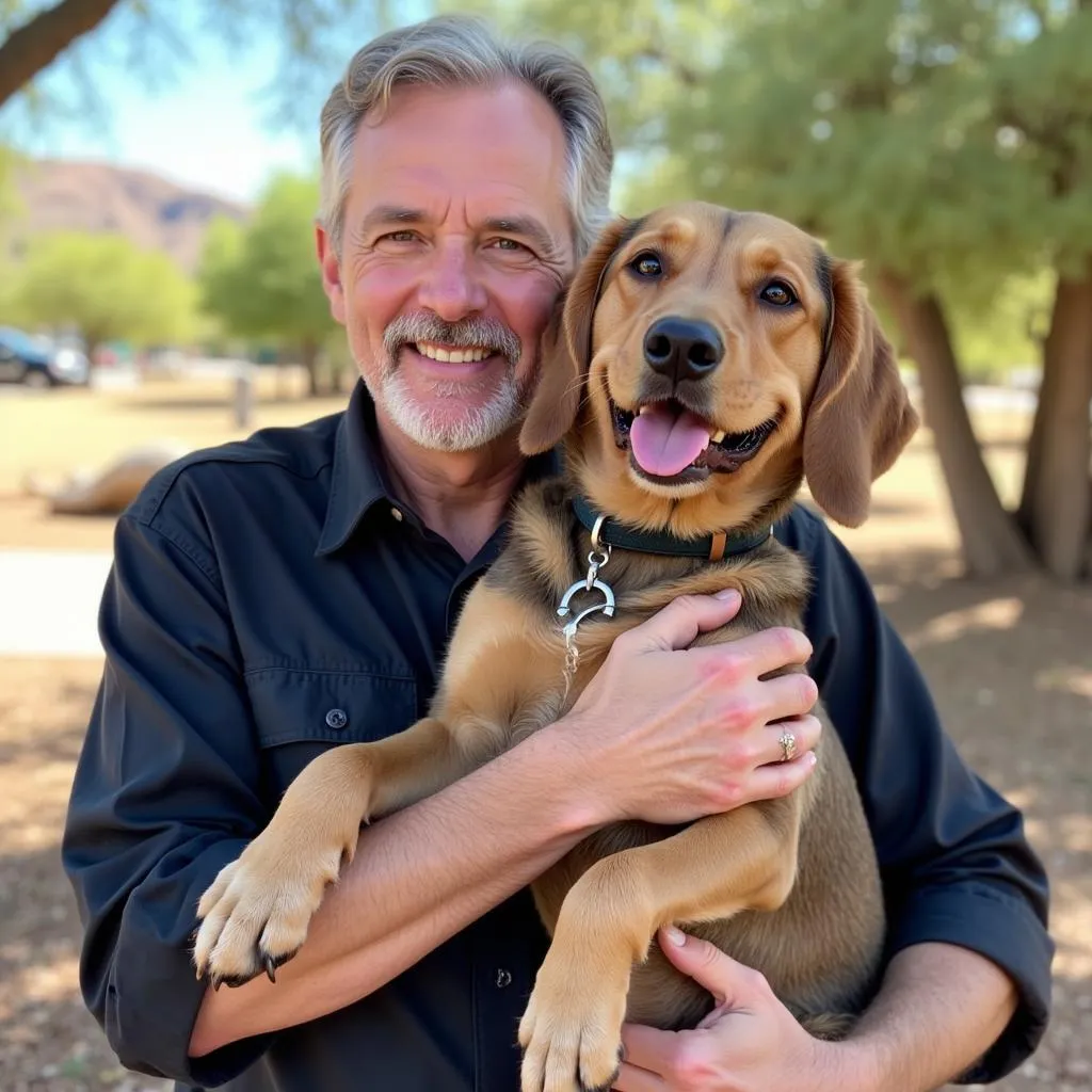 Steve Farley posing with a rescue dog