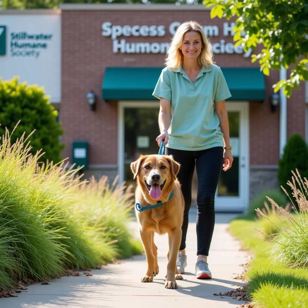 Volunteer walking a dog at the Stillwater Humane Society