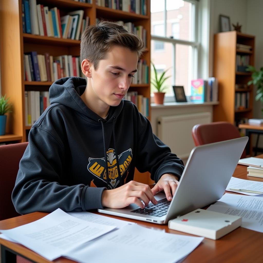 Student diligently completing LLS scholarship application