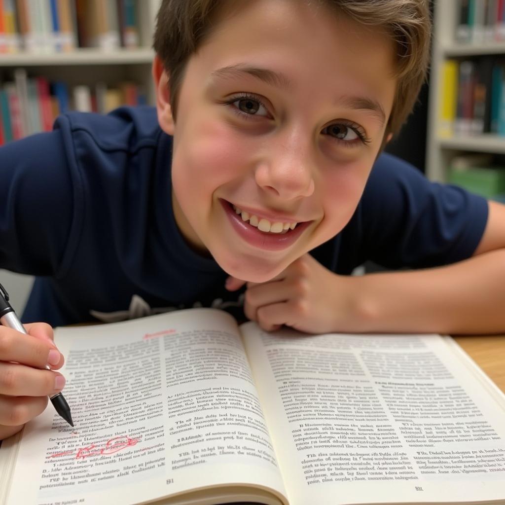 A student deeply engrossed in studying a nuclear physics textbook, highlighting with a focused expression.