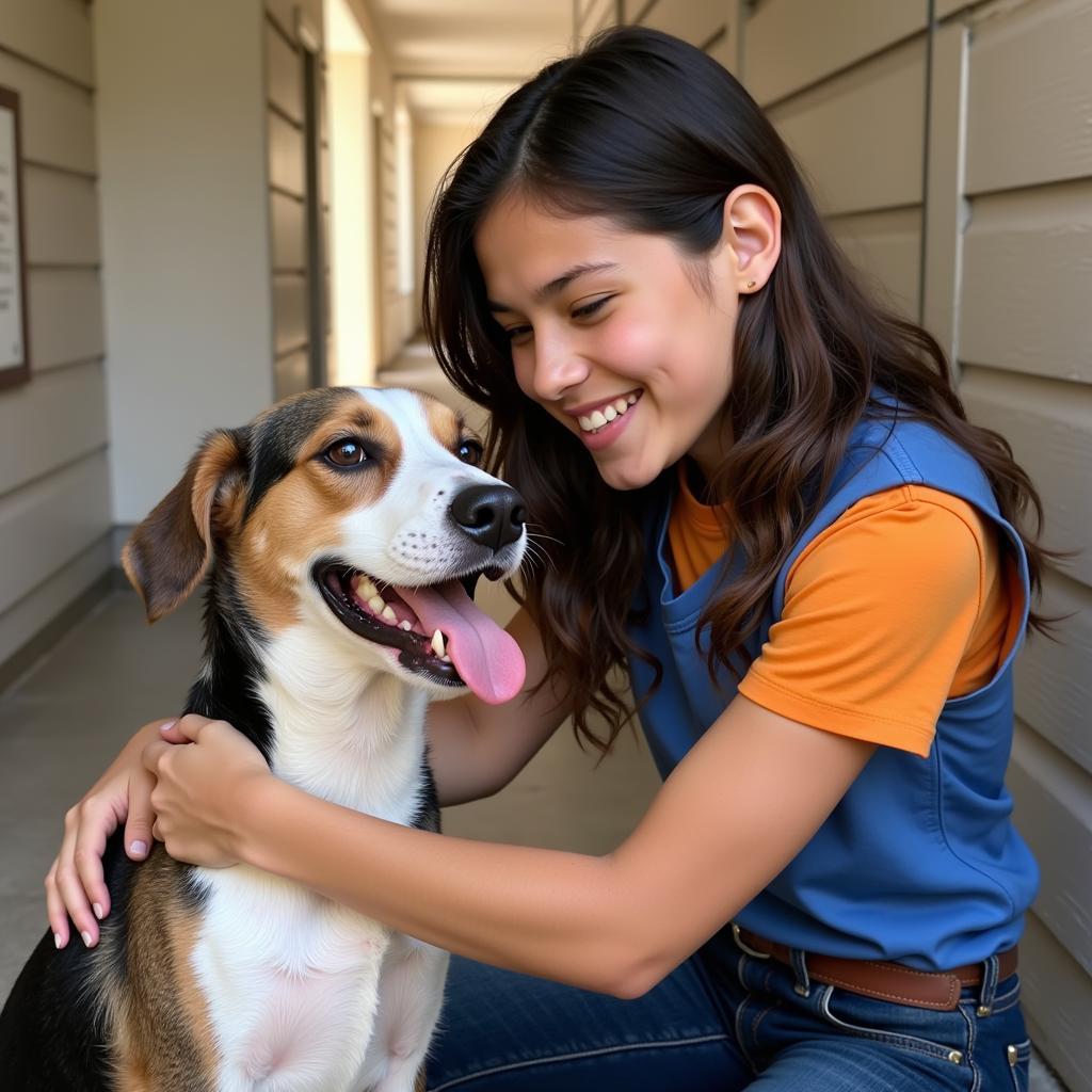 A student volunteer caring for a dog at an animal shelter