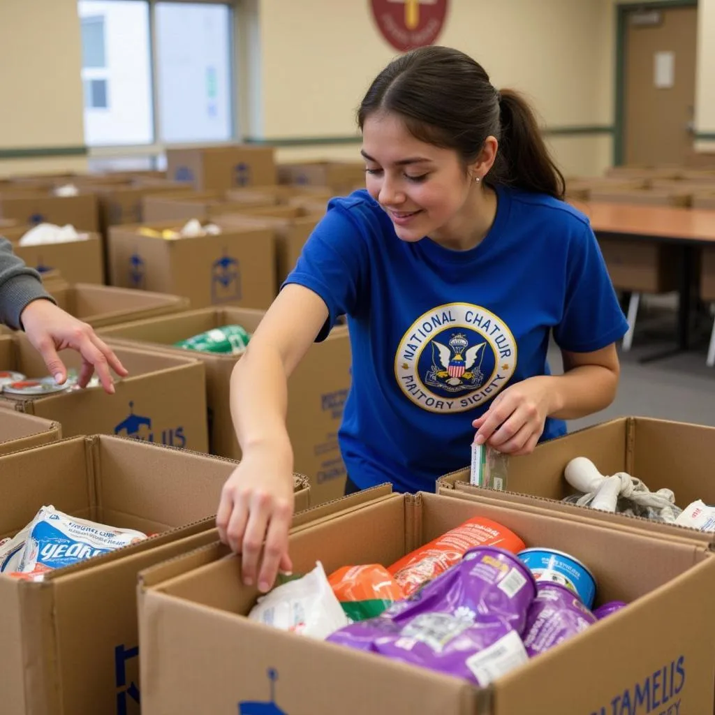 Student volunteering at a food bank as part of their National Honor Society commitment