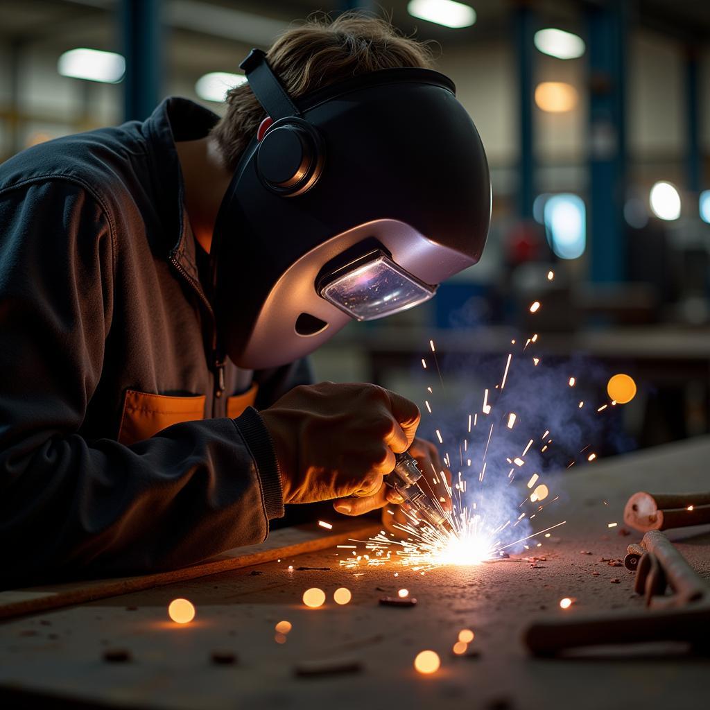 A student working diligently on a welding project