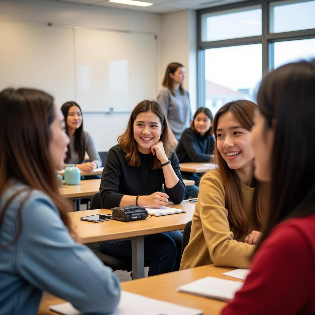 Group of students actively participating in a Japanese language conversation exercise.