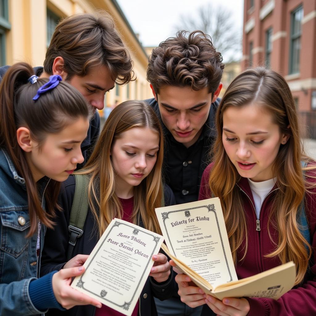 Students reading honor society invitations