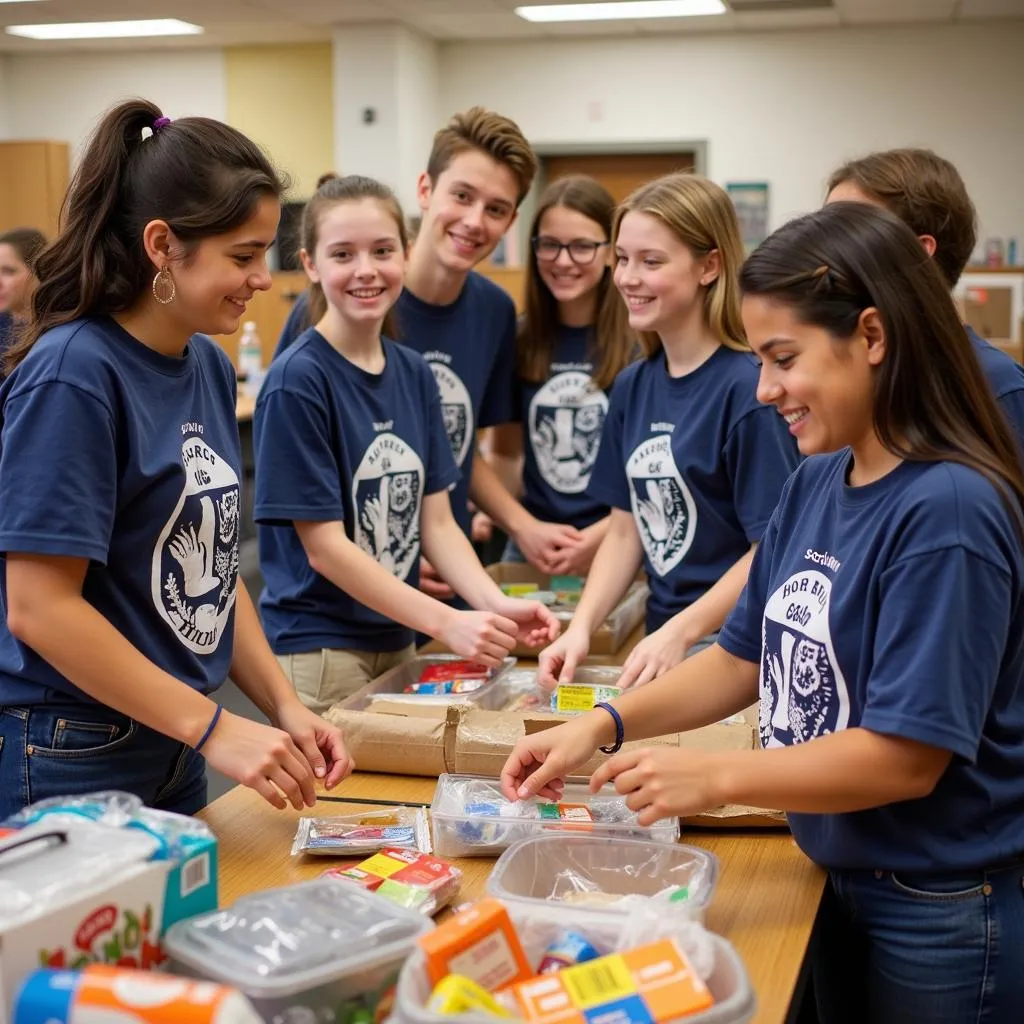 Junior High Honor Society students volunteering at a local food bank