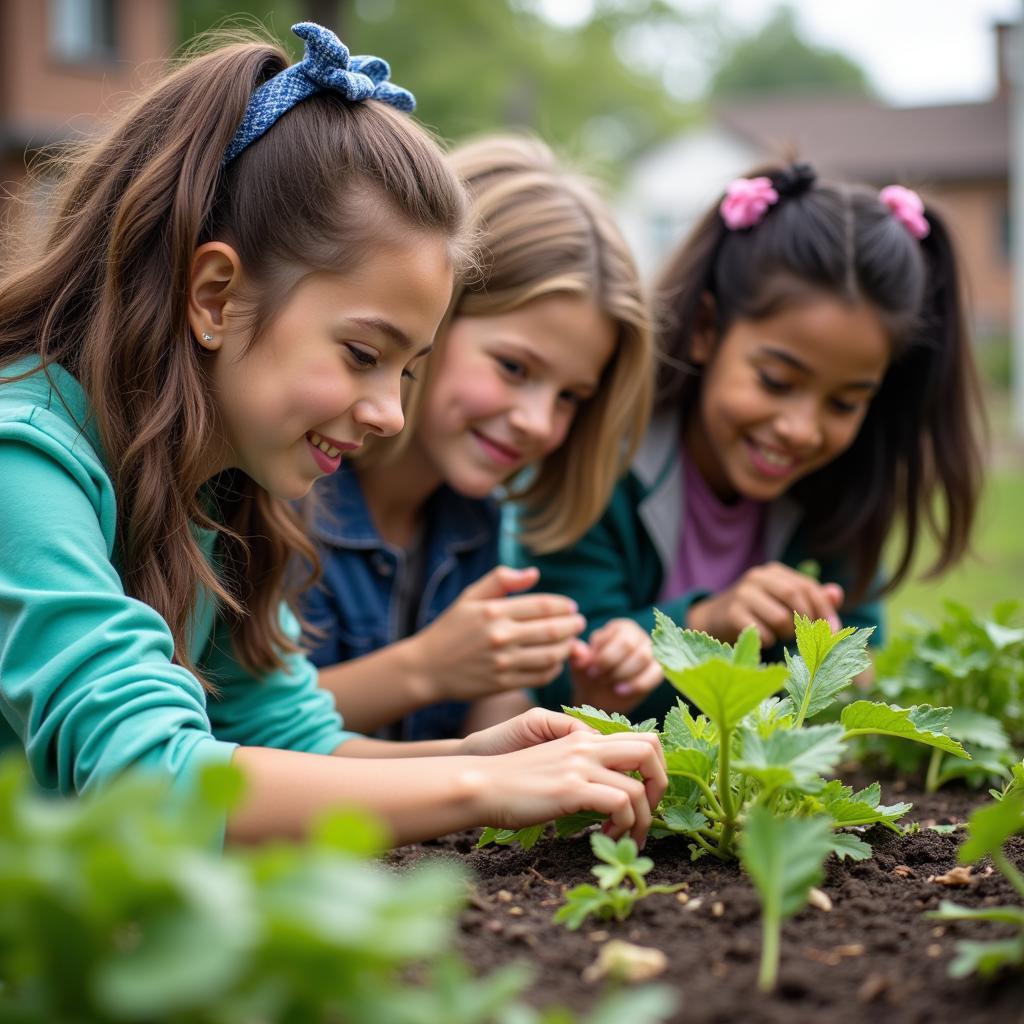  Students volunteering at a community garden, working together to plant seeds. 