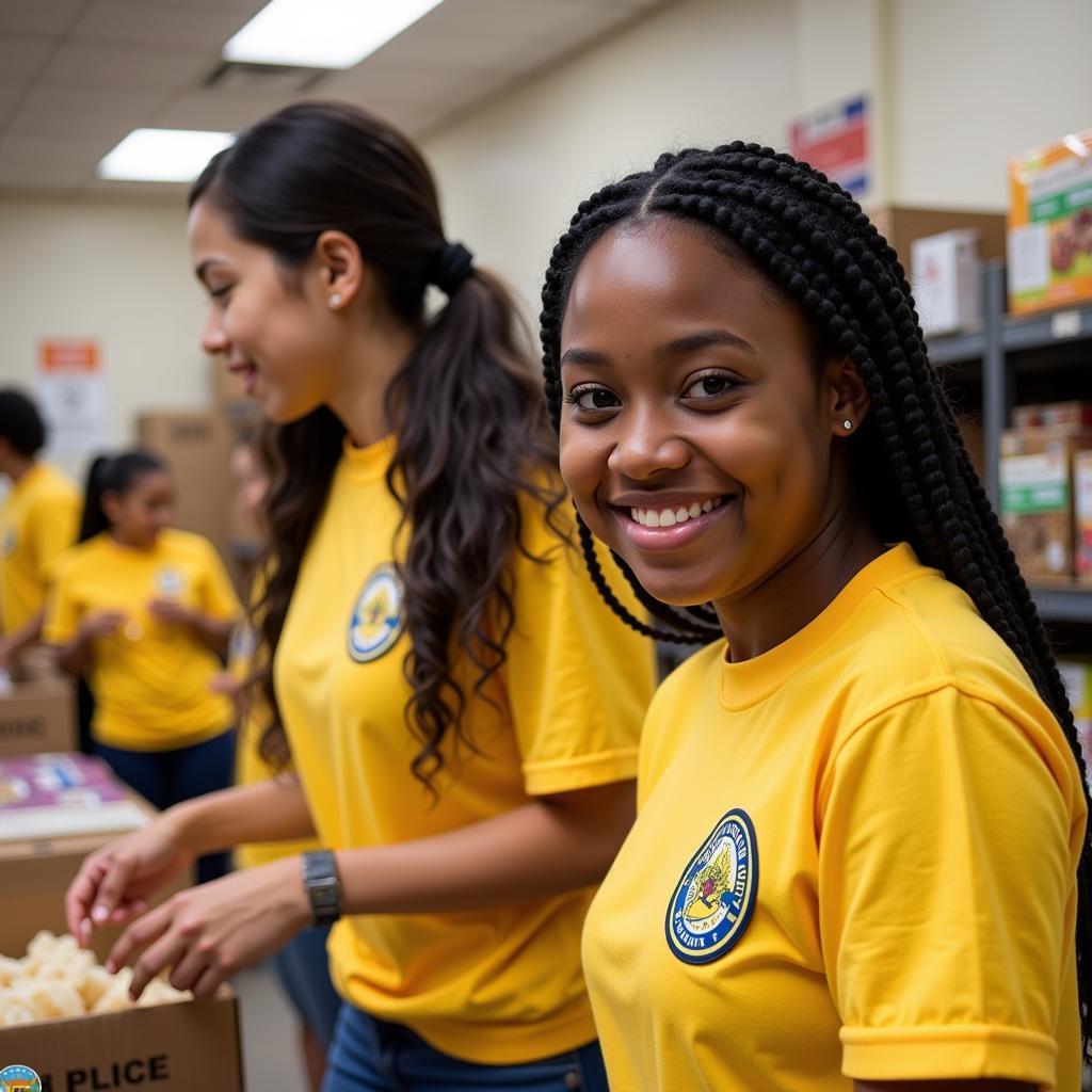 A group of students wearing National Honor Society shirts volunteer at a local food bank.