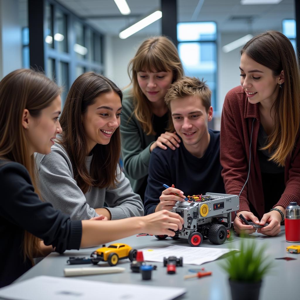 Students working on a robotics project in a university lab