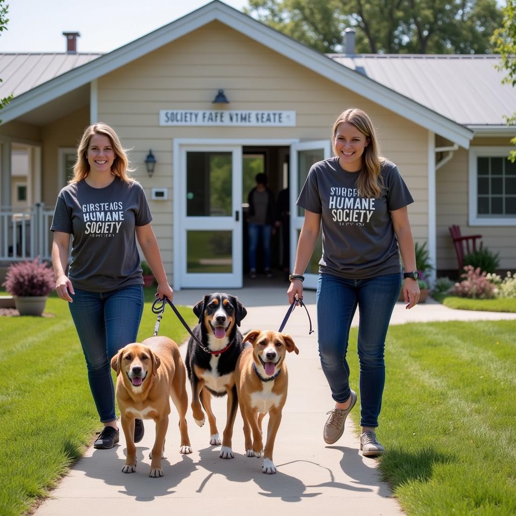 Volunteers walking dogs outside the Sturgis Humane Society 