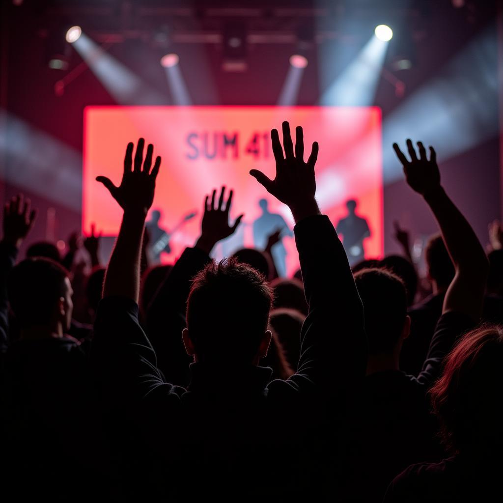 Sum 41 fans at a concert, hands raised in unison