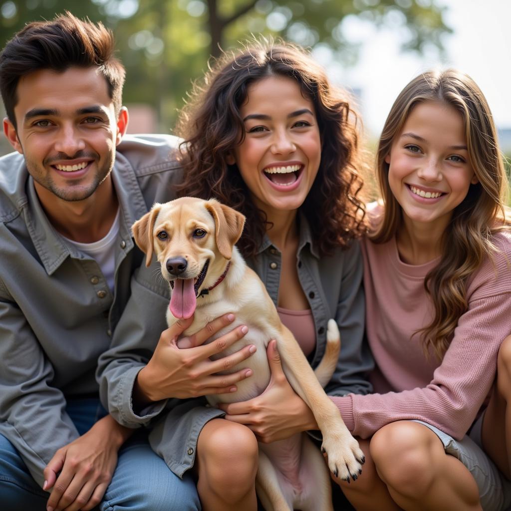 A happy family adopting a new pet at an adoption event