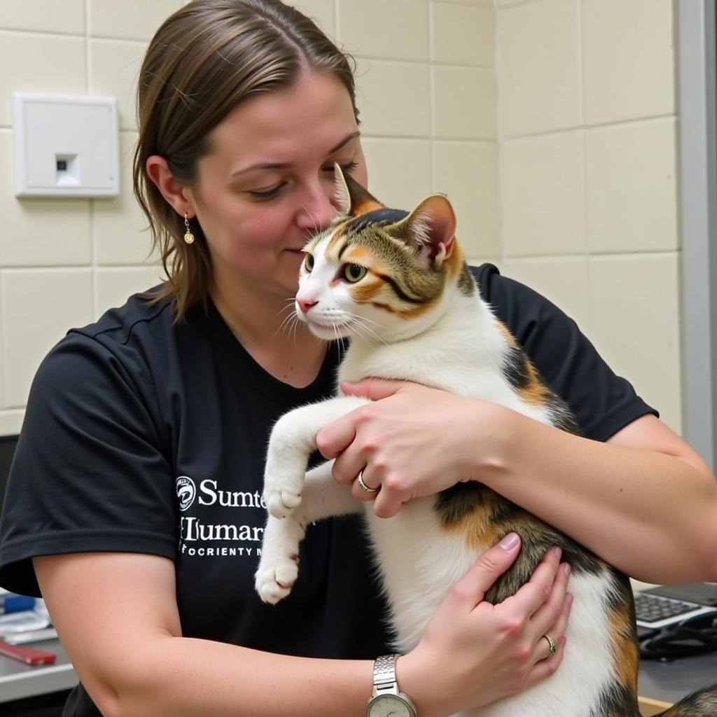 Volunteer interacts playfully with a cat