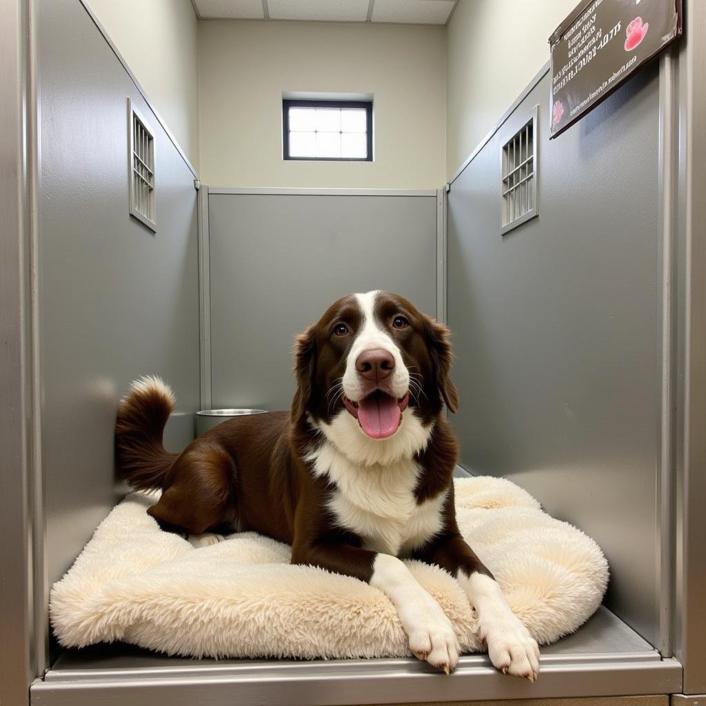 Dog resting comfortably in a clean and spacious kennel