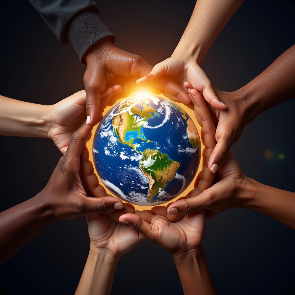 Diverse hands forming a circle around a globe