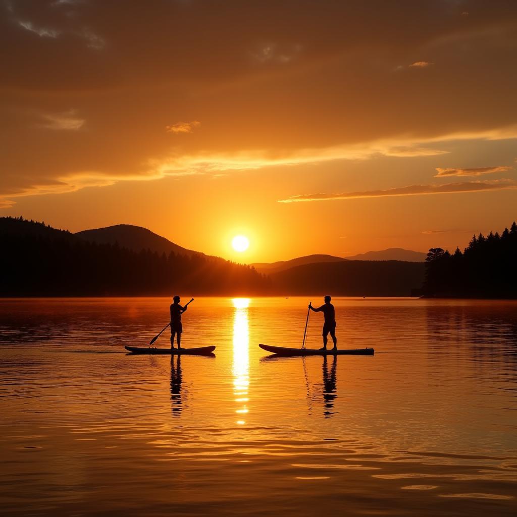 Silhouetted Stand Up Paddle Boarders at Sunset