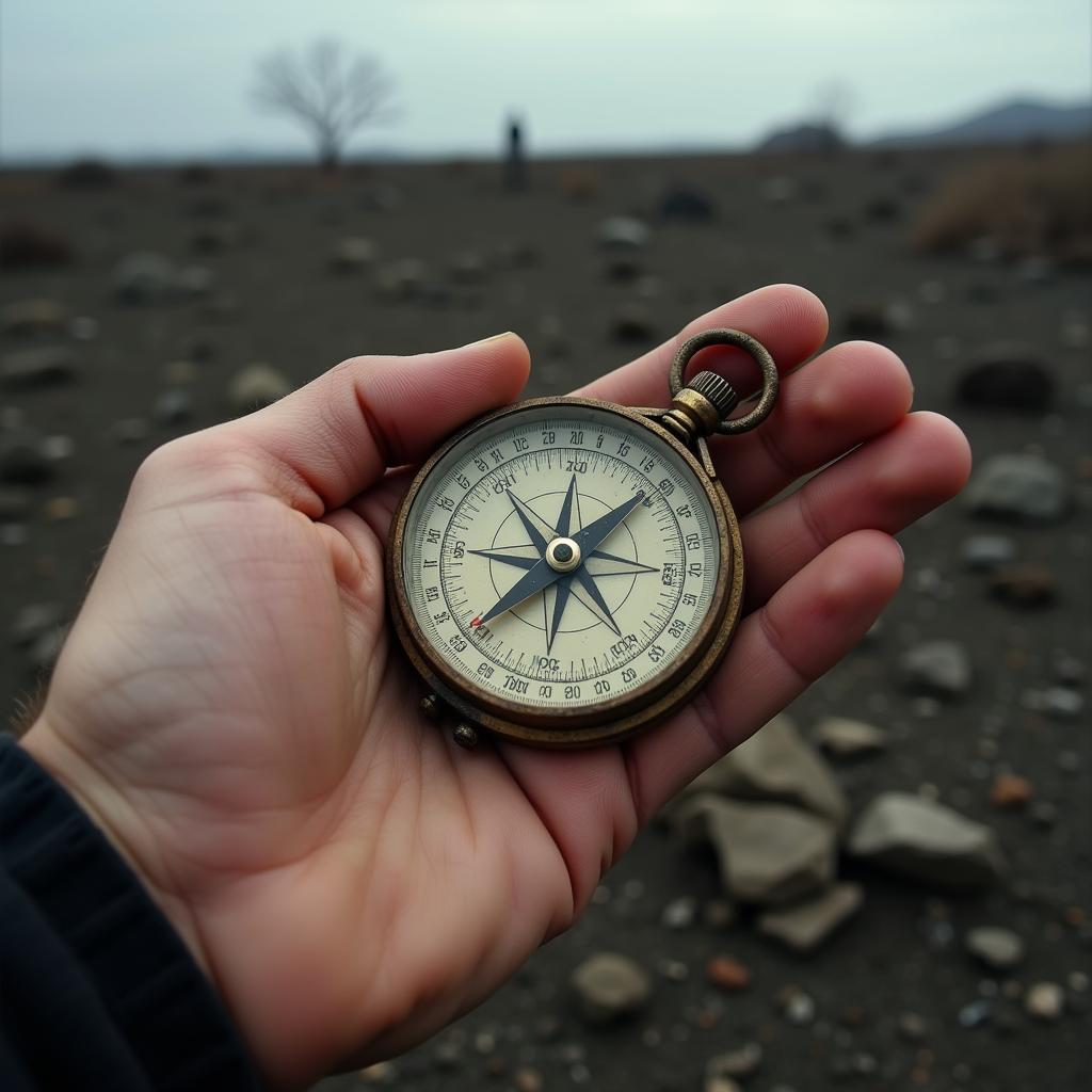 A close-up of a hand holding a compass with a desolate landscape in the background