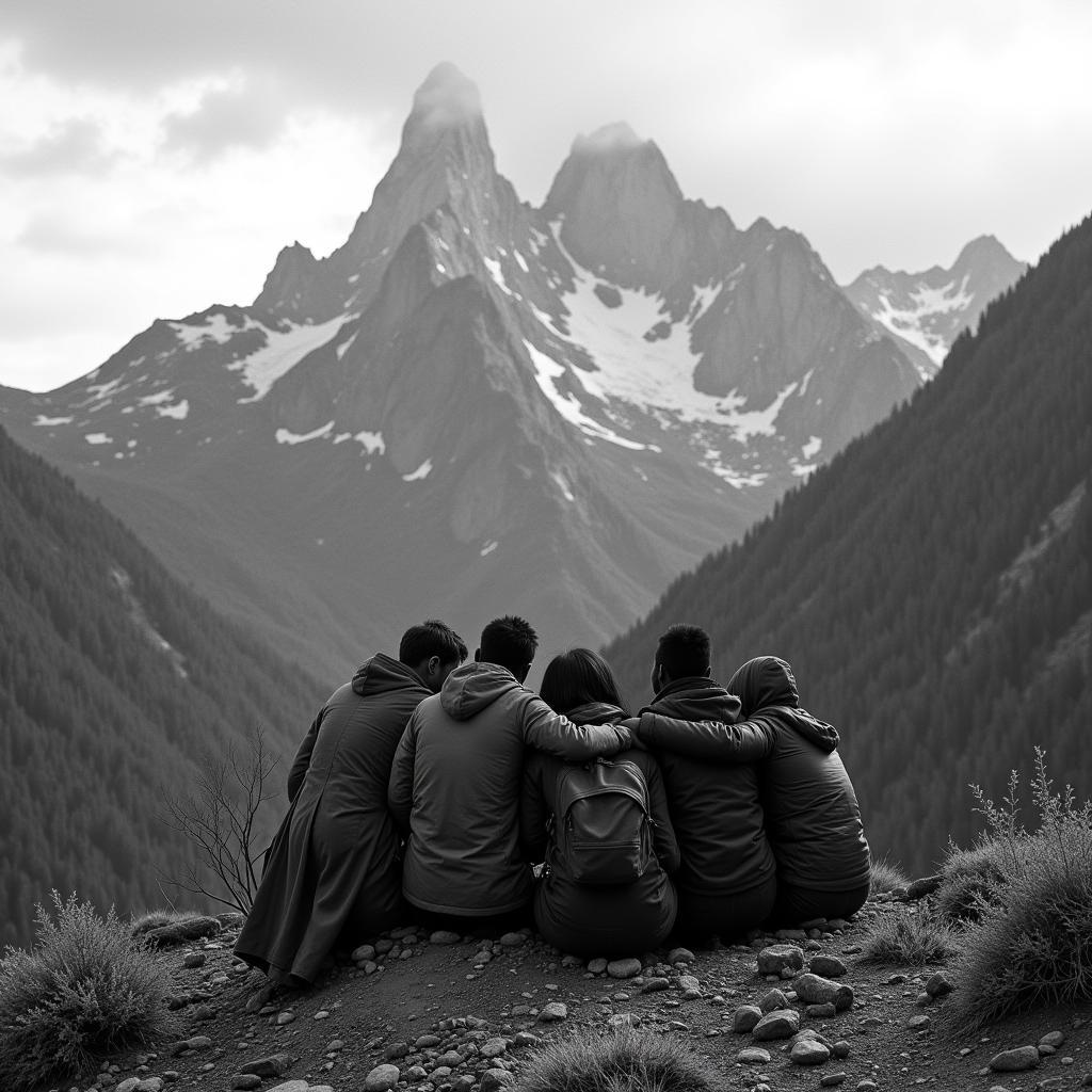 Group of people huddled together in a snowy mountain landscape