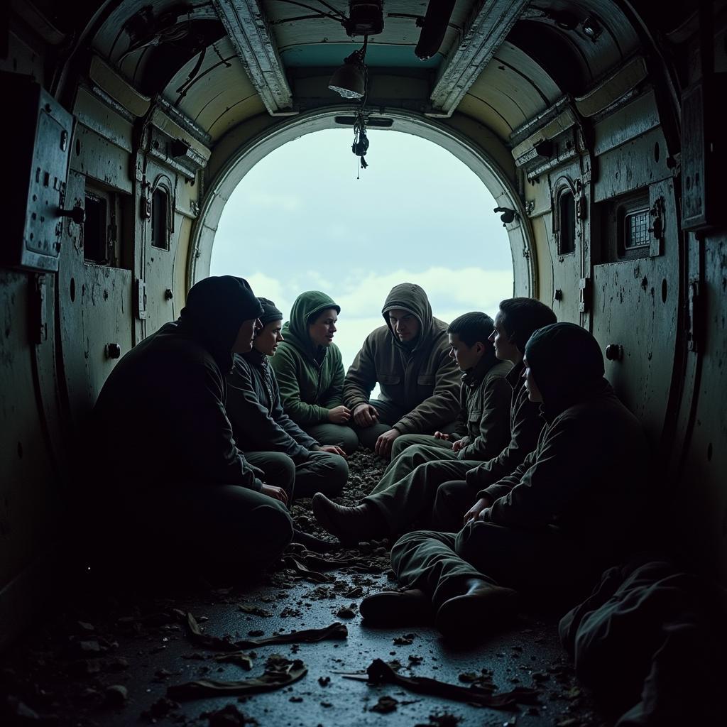 A group of survivors huddled together inside the wrecked plane fuselage