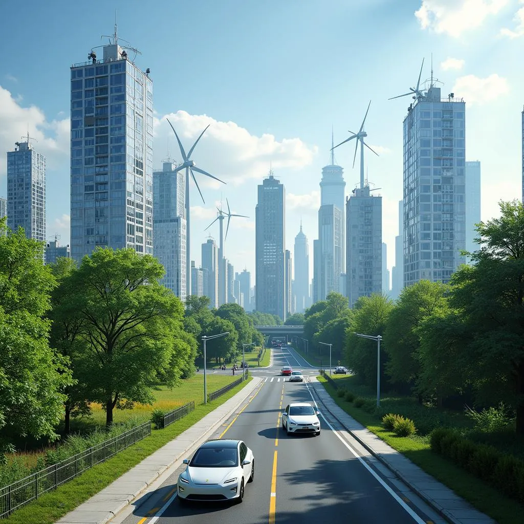 A bustling city powered by wind and solar energy, showcasing sustainable urban planning