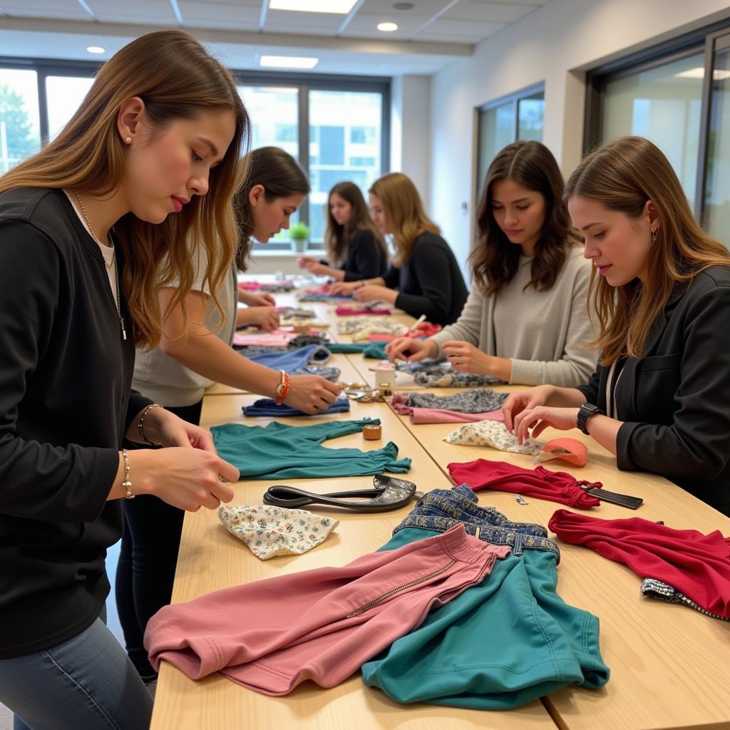 Group of people learning to upcycle clothing in a workshop