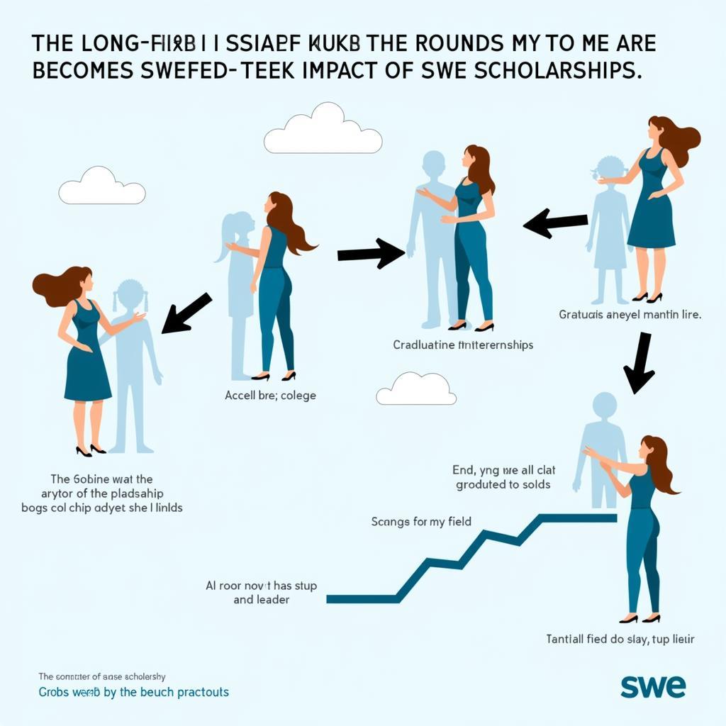  A timeline infographic depicting the journey of a female engineering student from receiving an SWE scholarship to becoming a successful professional in her field.