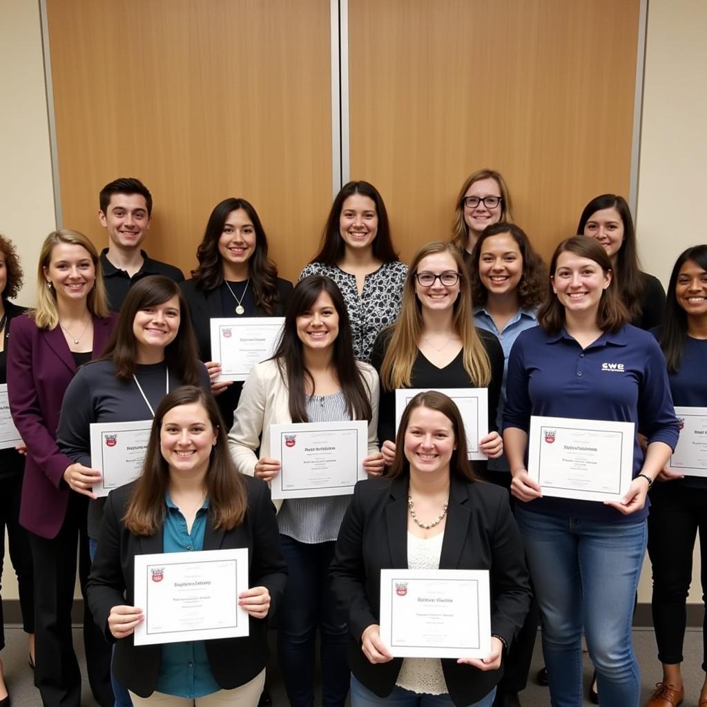 Group of diverse female engineering students receiving SWE scholarships