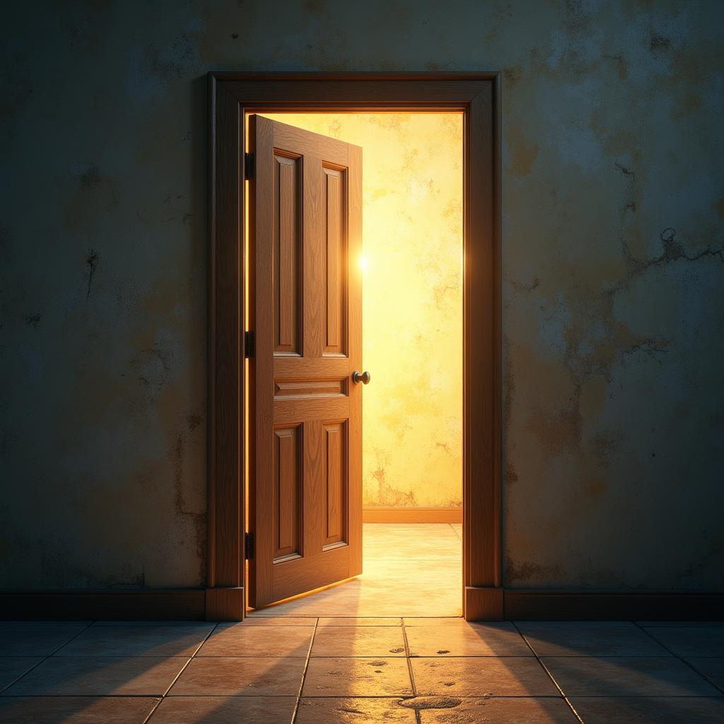 An open door with a warm light emanating from within, symbolizing the soul's welcoming embrace of chosen companions.