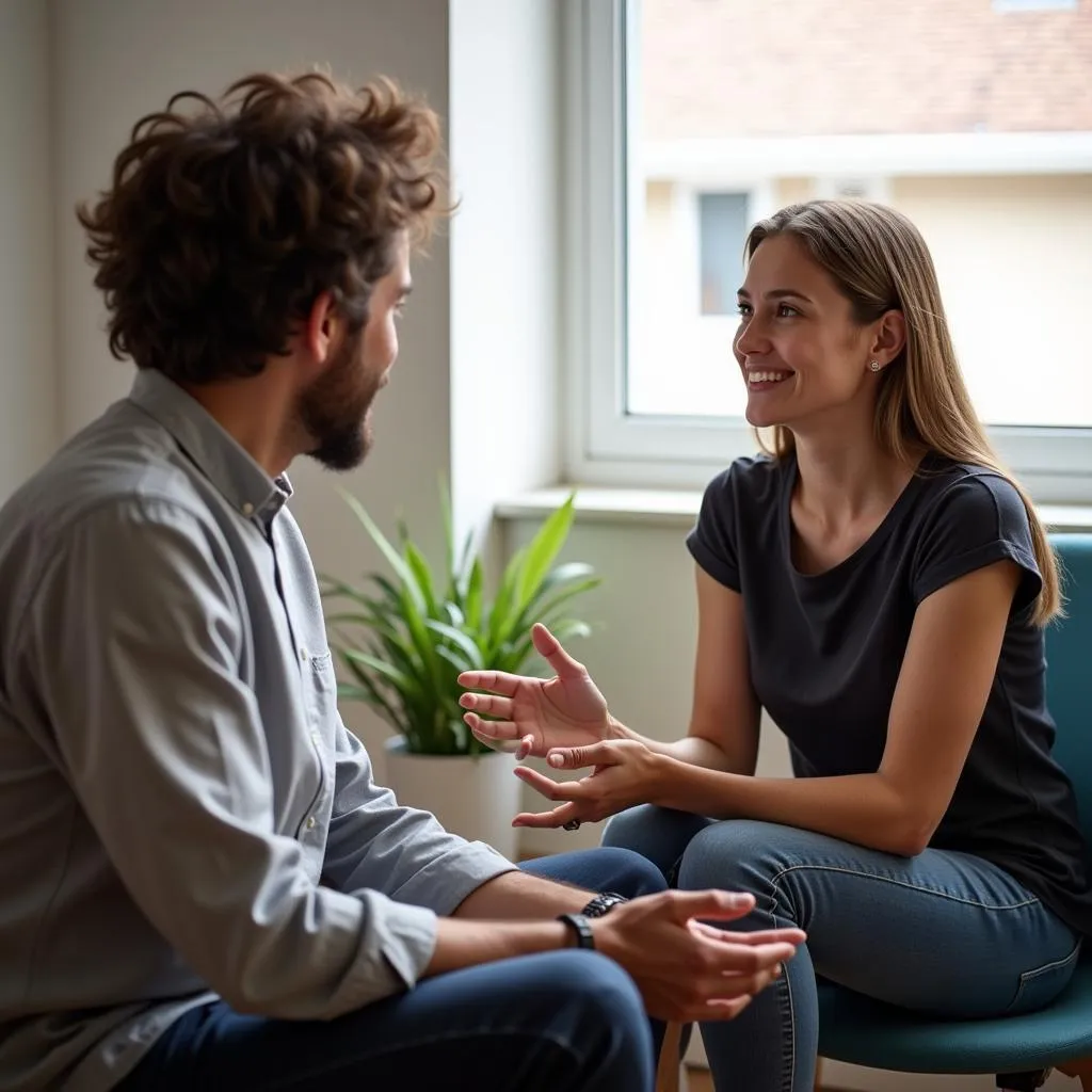 A therapist offers comfort and guidance to a person grieving the loss of their pet, emphasizing the importance of seeking professional help.