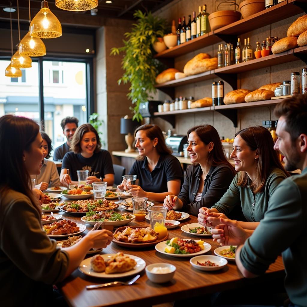 Diverse group of people enjoying a meal together in a bright and welcoming cafe