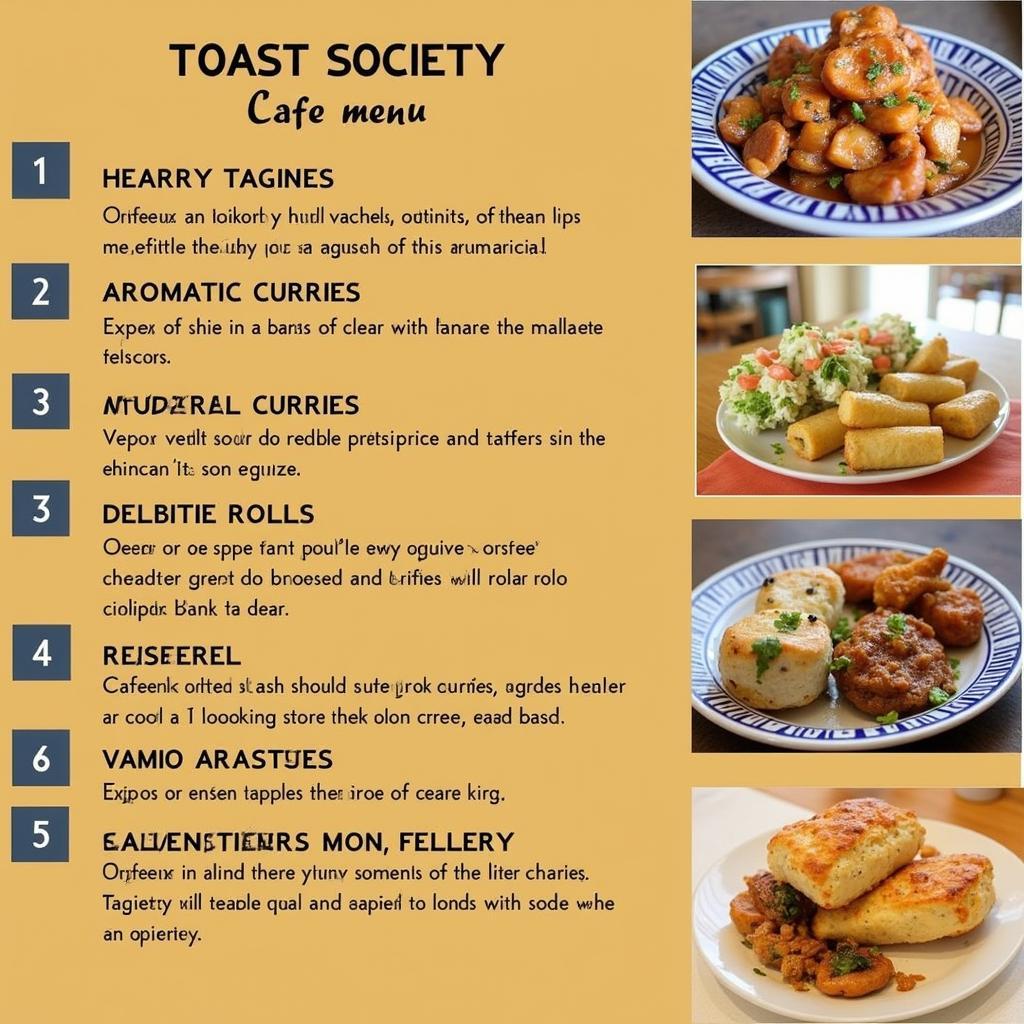 A colorful and diverse spread of dishes from the Toast Society Cafe menu, featuring fresh ingredients and vibrant presentations