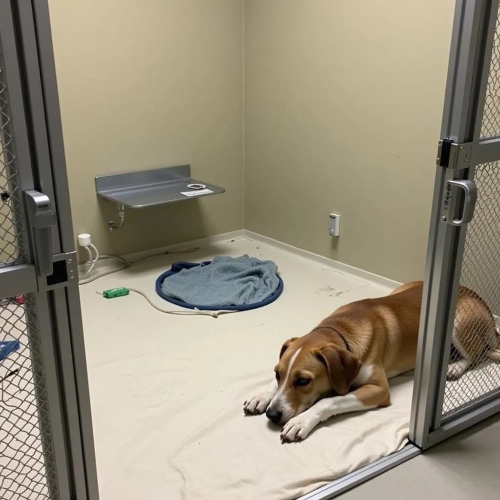 A dog patiently waits in a clean and spacious kennel at the Tomah WI Humane Society