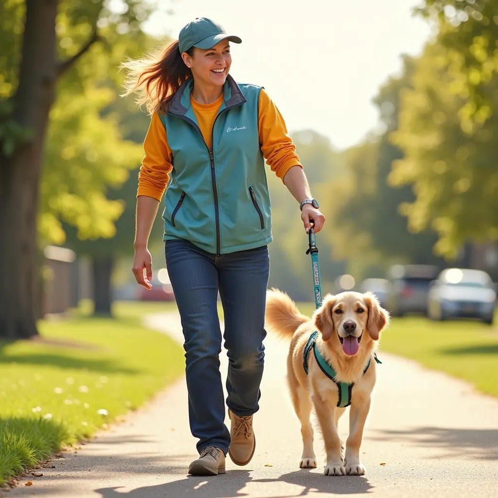 A volunteer walks a happy dog outside the Tomah WI Humane Society. 