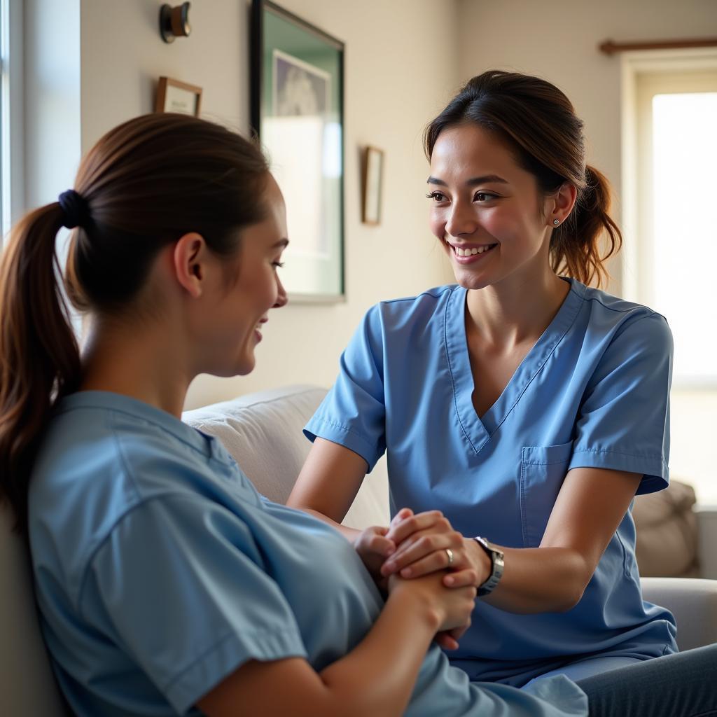 A transplant social worker shares a moment of joy with a patient who has successfully undergone transplantation.