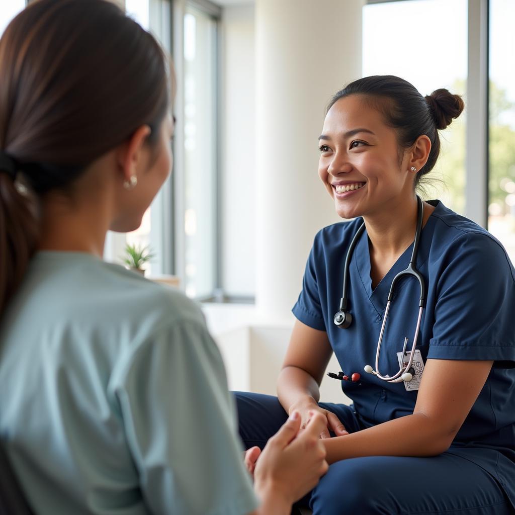 A transplant social worker provides compassionate counseling to a patient preparing for surgery.